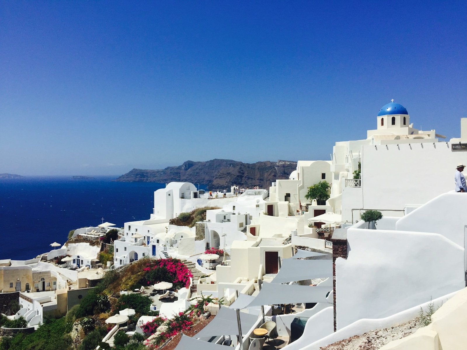 A panoramic view of Santorini, Greece, showcasing the iconic white buildings with blue domes against a clear blue sky, overlooking the Aegean Sea during what is often considered the worst time to visit Greece due to potential overcrowding or heat.