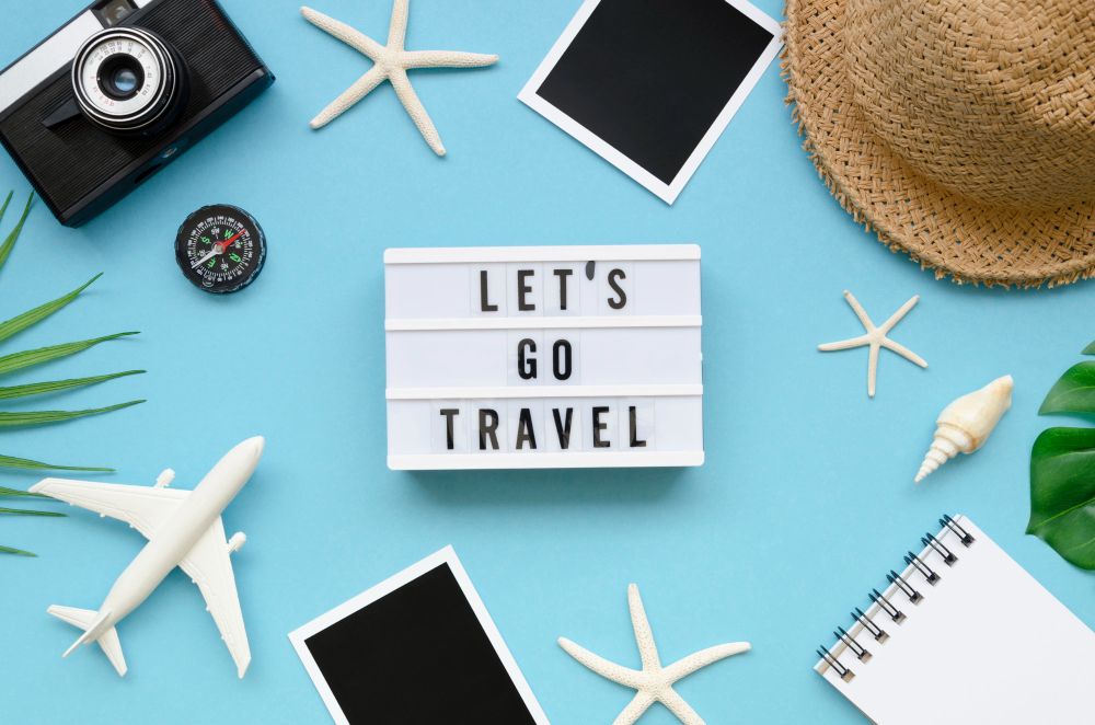 Free Things to Do in European Cities - Travel Essentials on Blue Background with Camera, Compass, and Plane.