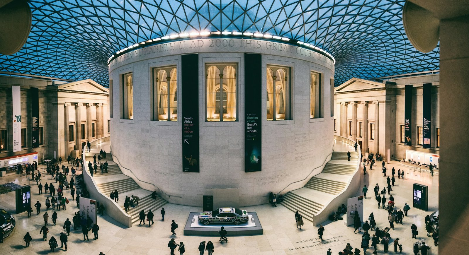 Top free attractions in Europe: The British Museum's Great Court with visitors exploring the central hall.