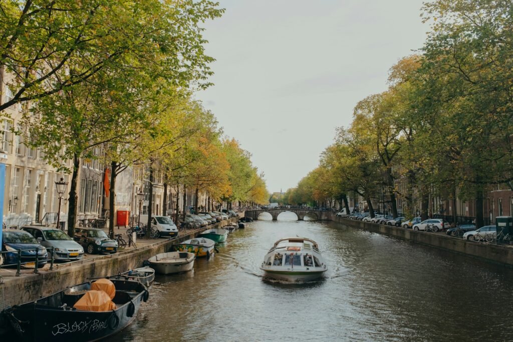 A canal view in Amsterdam, showcasing one of the best free activities in European cities: a scenic walk along the canal.