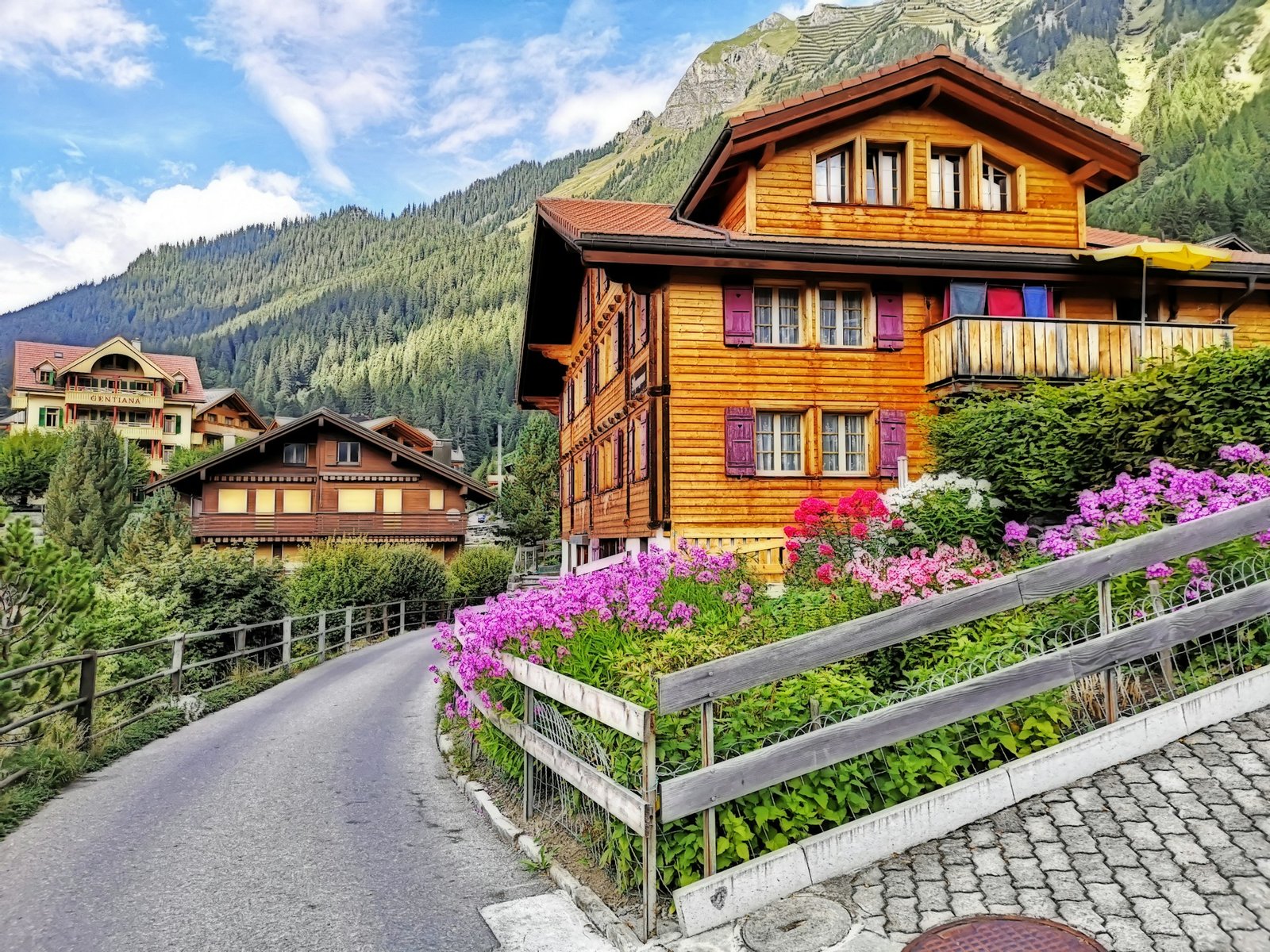 A scenic view of a traditional wooden chalet surrounded by vibrant flowers and lush green mountains in Jungfraujoch, Switzerland, showcasing why to visit Switzerland for its natural beauty.