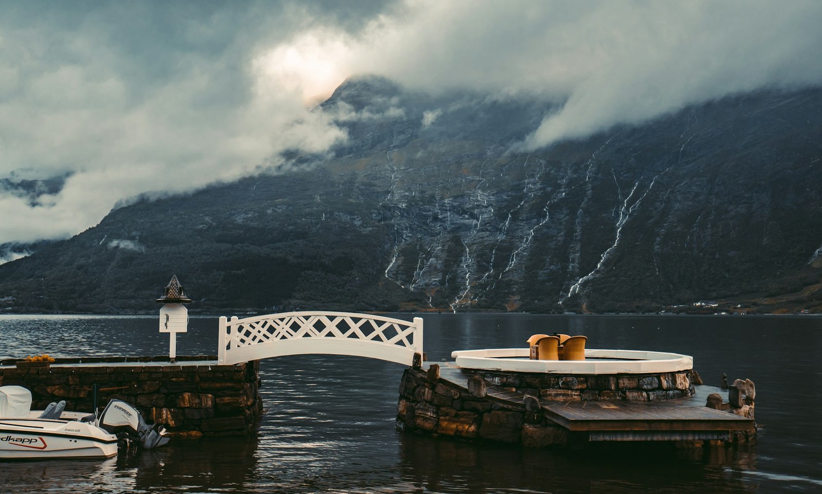 Scenic fjord view with a small bridge and floating dock during a trip to Norway